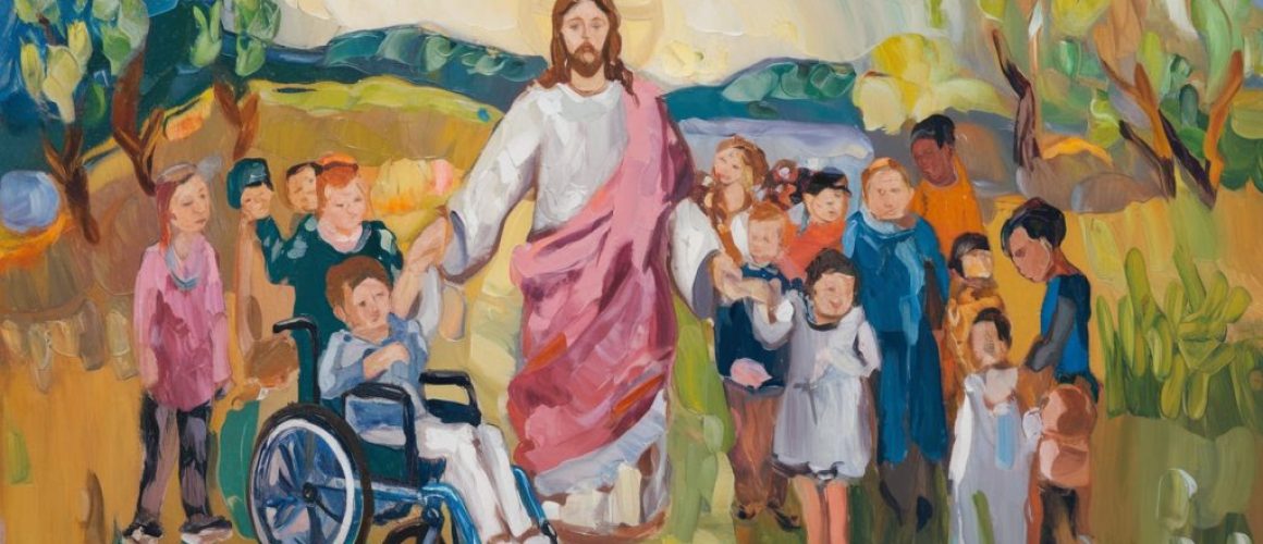 Jesus welcoming children including a child in a wheelchair - church for all at Open Arms Community Church in Bradford PA