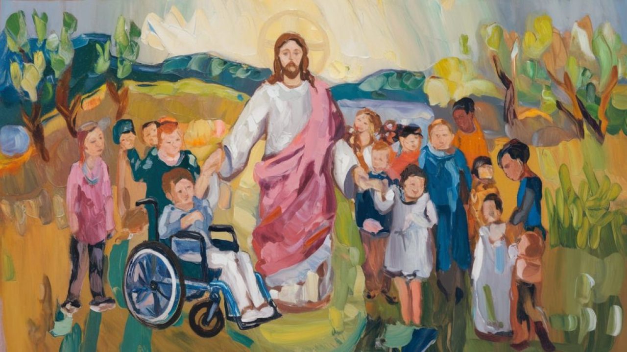 Jesus welcoming children including a child in a wheelchair - church for all at Open Arms Community Church in Bradford PA