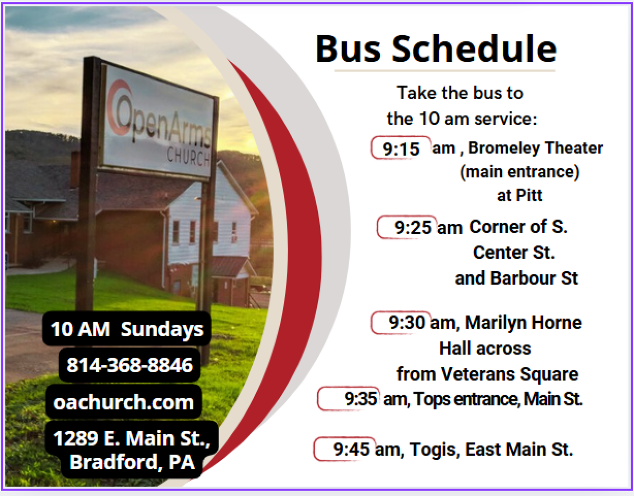 Bus Schedule Bradford PA Open Arms Church