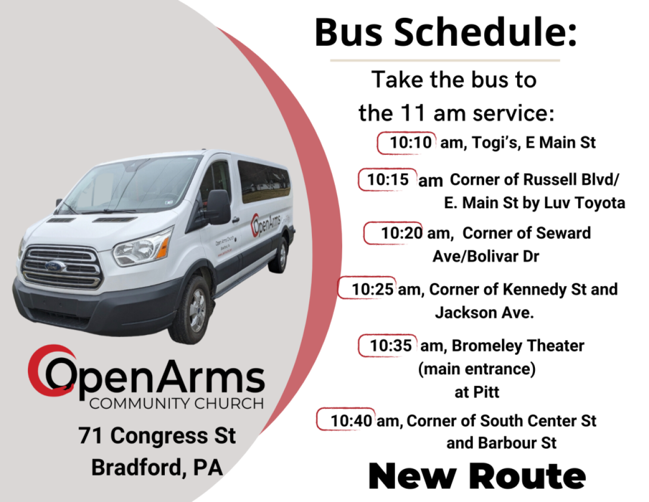 open arms bus schedule