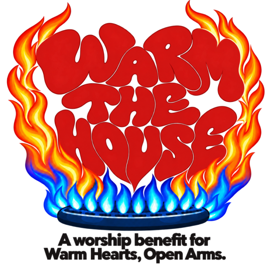 Flame-filled Warm the House lettering